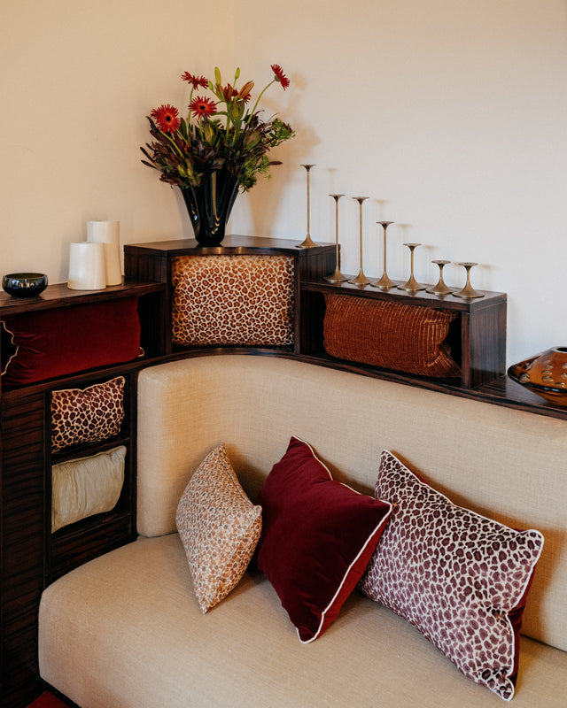 coussin design clovi paris - fabrication française - designer cushion clovi paris - tissus haute couture - velvet - jacquard - lin - linen - velours rouge - velours burgundy - liberty - cognac - belu ciel - floral - light blue - flowers pattern - carmine velvet - leopard - cushions for sofa armchair - coussin pour salon et canapé et fauteuil