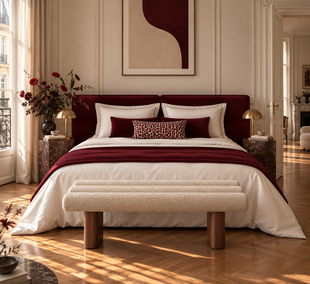Tête de lits sur mesure Clovi Paris Faites à la main dans notre atelier tapisserie en France. on peut :
- tissu
- dimension
- finition
Pour les particuliers Hospitality et architecte d'intérieur - ambiance velours, Carmin et burgundy. Appartement haussmannien Paris - Clovi Paris bespoke headboards, handcrafted in our upholstery workshop in France. You can customise: • Fabric • Dimensions • Finish For private clients, hospitality and interior designers. red velvet, carmin and Burgundy