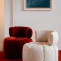 Fauteuil design CLOVI PARIS en velours de coton italien rouge carmin et fauteuil en lin écru- fauteuil pivotant design - fauteuil Paris - Fauteuil boudoir - fauteuil salon - fauteuil chambre à coucher - fauteuil sur-mesure - particuliers, architectes, hospitality