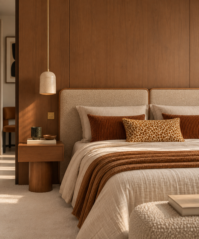 Tête de lit sur mesure Clovi Paris, réalisé à la main dans l'atelier de fabrication en France. Possibilité D'adapter dimension, tissu, finition pour les architectes, hospitality FF&E, les particuliers. tweed de lin écru et cuir vegan cognac (cuir synthétique) - Bespoke headboard by Clovi Paris, handcrafted in our French workshop. Customizable dimensions, fabrics, and finishes for interior architects, hospitality FF&E projects, and residential clients. linen tweed ecru & Vegan leather / Synthetic leather.