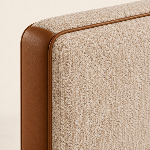 Tête de lit sur mesure Clovi Paris, réalisé à la main dans l'atelier de fabrication en France. Possibilité D'adapter dimension, tissu, finition pour les architectes, hospitality FF&E, les particuliers. tweed de lin écru et cuir vegan cognac (cuir synthétique) - Bespoke headboard by Clovi Paris, handcrafted in our French workshop. Customizable dimensions, fabrics, and finishes for interior architects, hospitality FF&E projects, and residential clients. linen tweed ecru & Vegan leather / Synthetic leather.